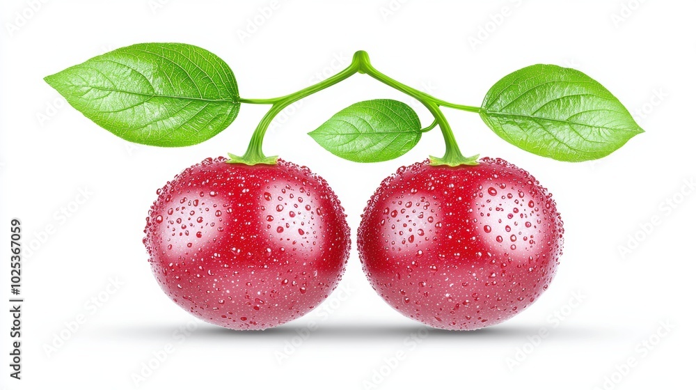 Fresh Cherries with Green Leaves and Water Droplets Fresh Cherries with Green Leaves and Water Droplets