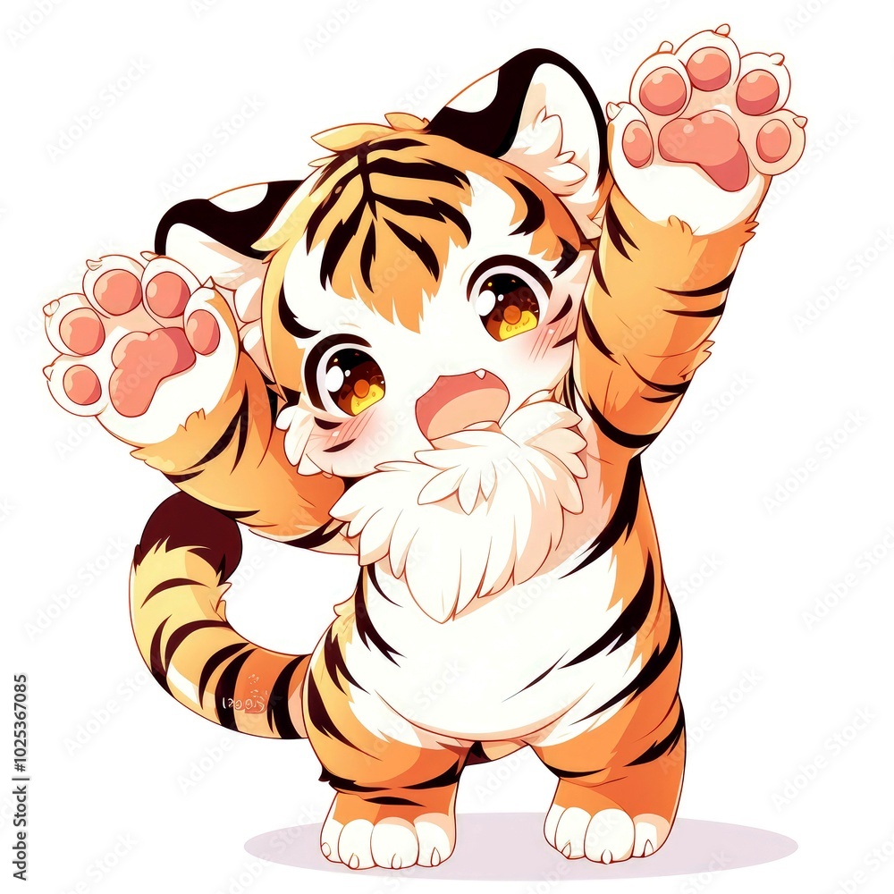 Naklejka premium A cute, cartoonish tiger character with big eyes and raised paws, exuding playfulness.