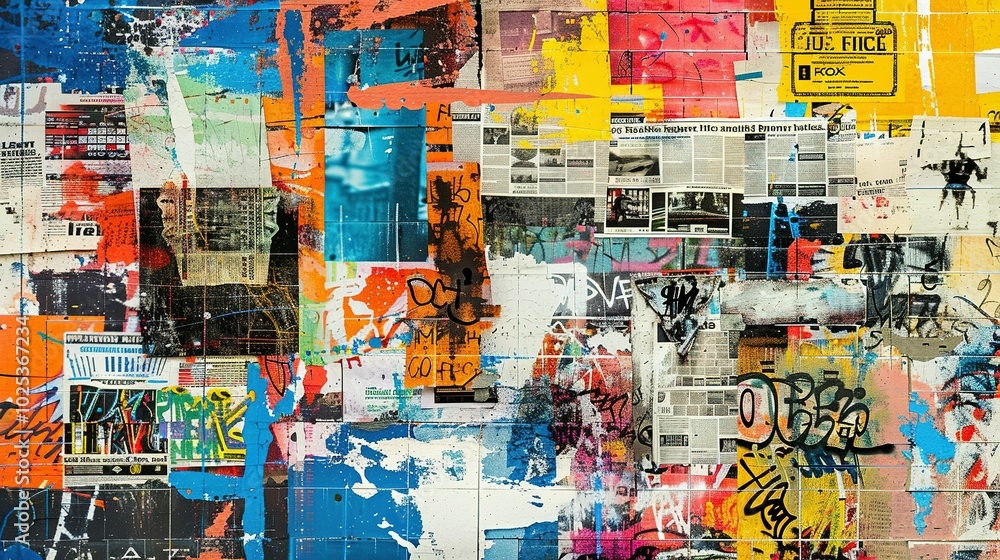 Abstract Urban Wall with Graffiti, Posters, and Paint Splatter Abstract Urban Wall with Graffiti, Posters, and Paint Splatter