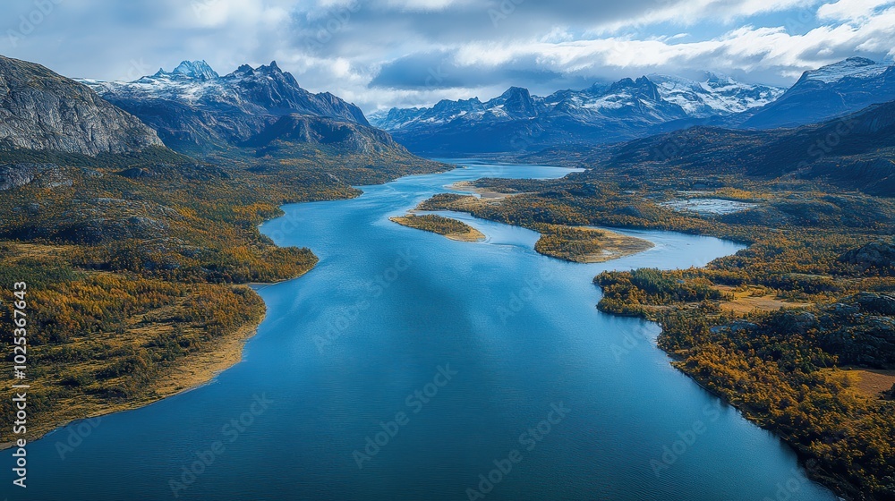 Serene Aerial View of River Through Mountain Landscape Serene Aerial View of River Through Mountain Landscape
