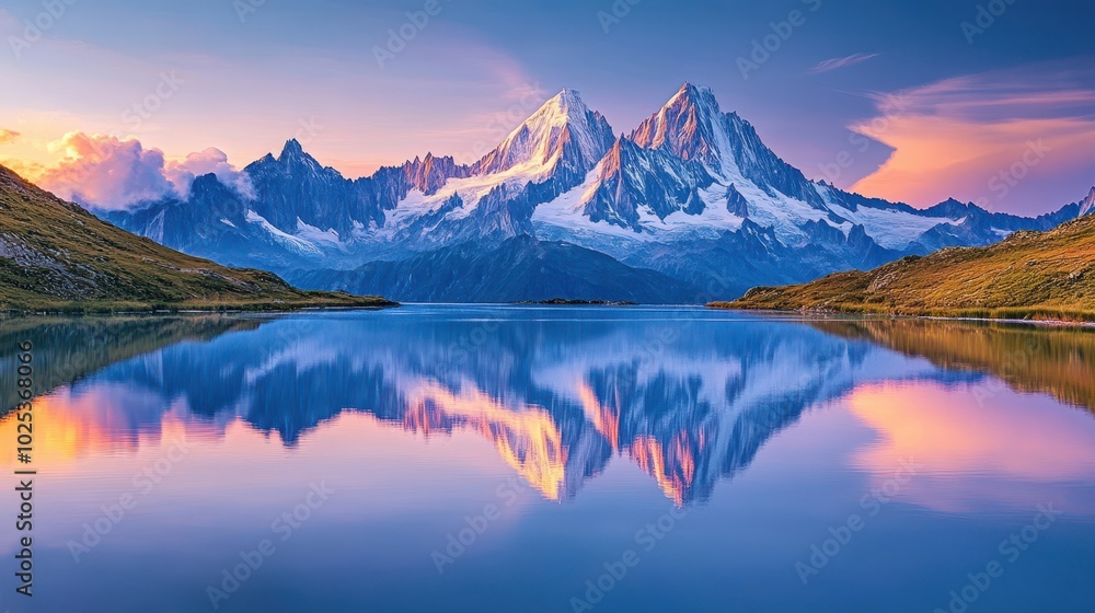 Majestic Mountain Range Reflected in a Still Lake at Sunset Majestic Mountain Range Reflected in a Still Lake at Sunset