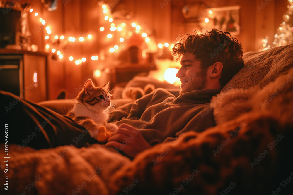 A warm curly-haired man with a cute cat in a very cozy and warm room. A warm curly-haired man with a cute cat in a very cozy and warm room.