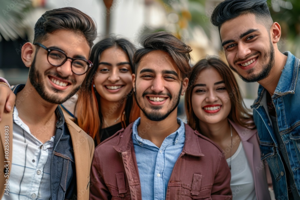 Group of young indian and arabic friends smiling and looking at camera Group of young indian and arabic friends smiling and looking at camera