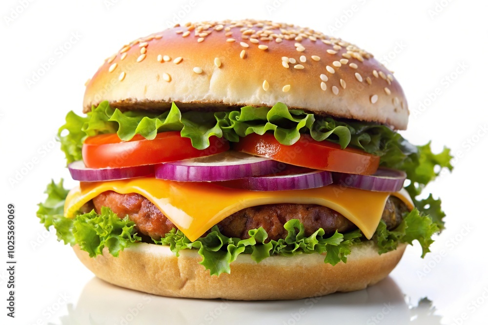 Burger with vegetables and cheese on white background long shot Burger with vegetables and cheese on white background long shot