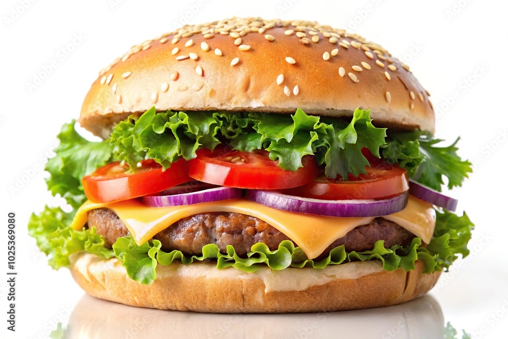burger with vegetables and cheese on white background burger with vegetables and cheese on white background