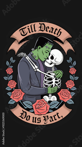 A black background illustration of Frankenstein's monster and a skeleton in a loving embrace