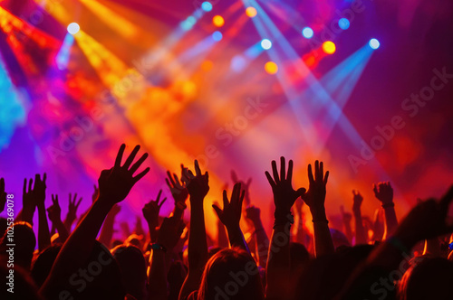 concert scene showing raised hands in the crowd, illuminated by colorful stage lights.