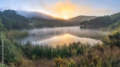 A serene sunrise over a misty lake in a lush green valley. The sun peeks over the horizon, casting a warm golden glow on the water and surrounding hills.