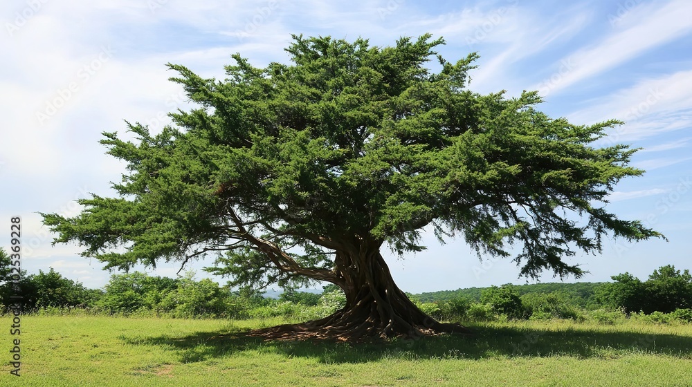 Fototapeta premium Majestic cedar tree with lush green foliage standing tall against a clear sky. A symbol of strength, endurance, and nature’s beauty, the cedar tree is perfect for environmental, nature