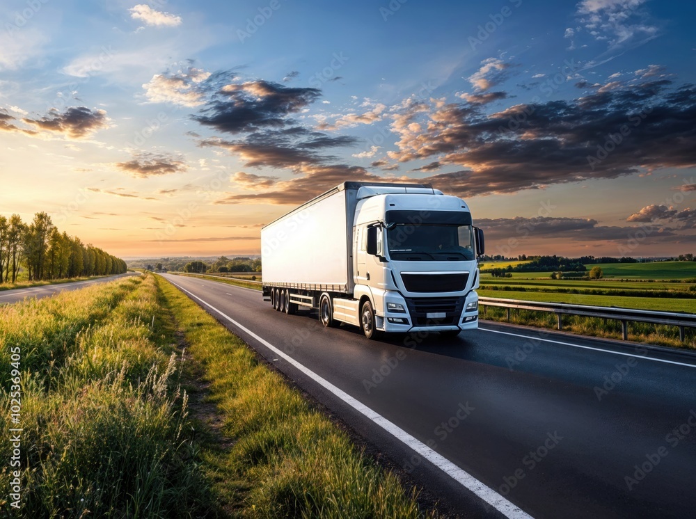 White delivery truck driving on countryside road at sunset White delivery truck driving on countryside road at sunset