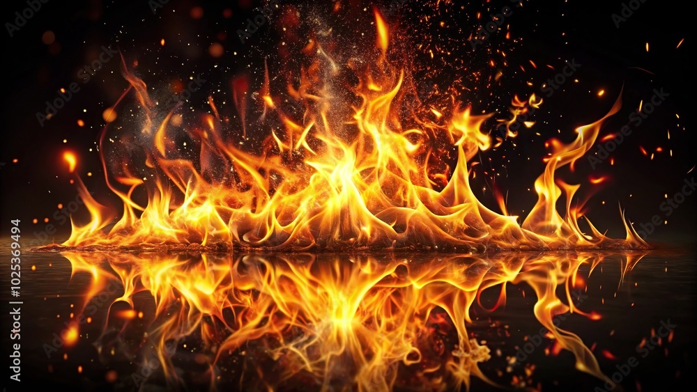 Burning flames and sparks reflected on dark background with fire at night Burning flames and sparks reflected on dark background with fire at night