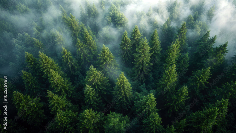 Aerial view of lush green forest shrouded in fog Aerial view of lush green forest shrouded in fog