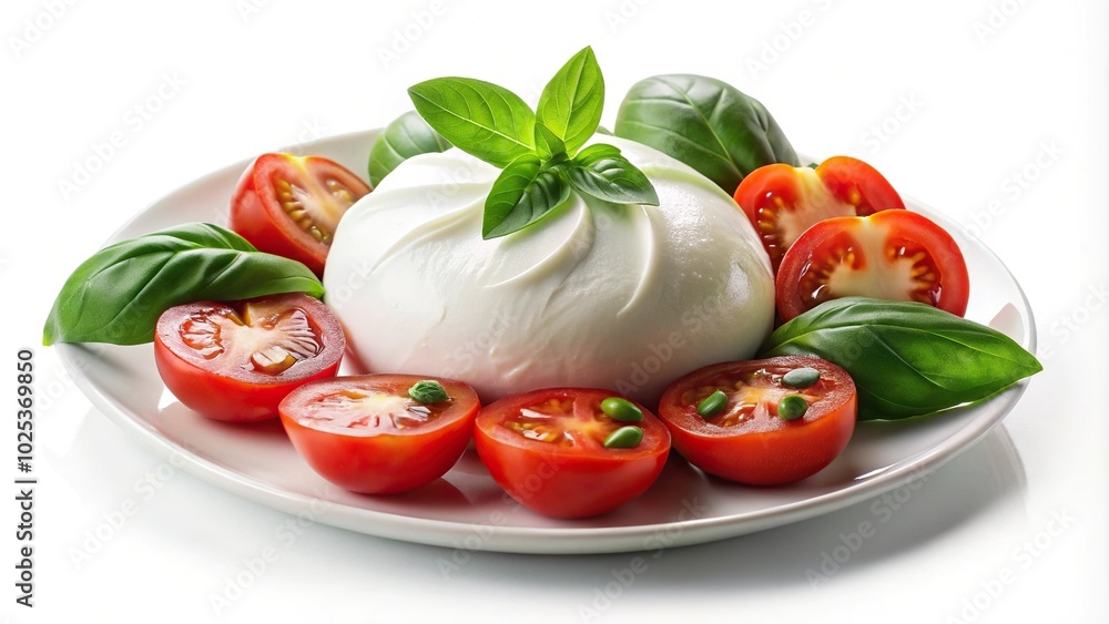 Burrata cheese with tomatoes and basil on white background Burrata cheese with tomatoes and basil on white background