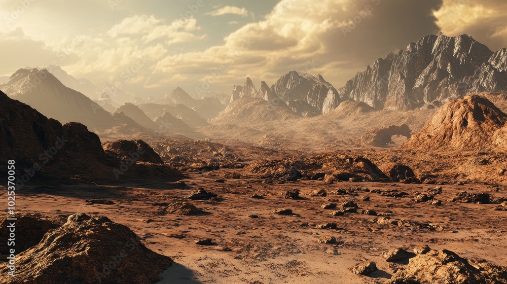 Fototapeta premium A Desolate Martian Landscape with Mountain Range in the Distance