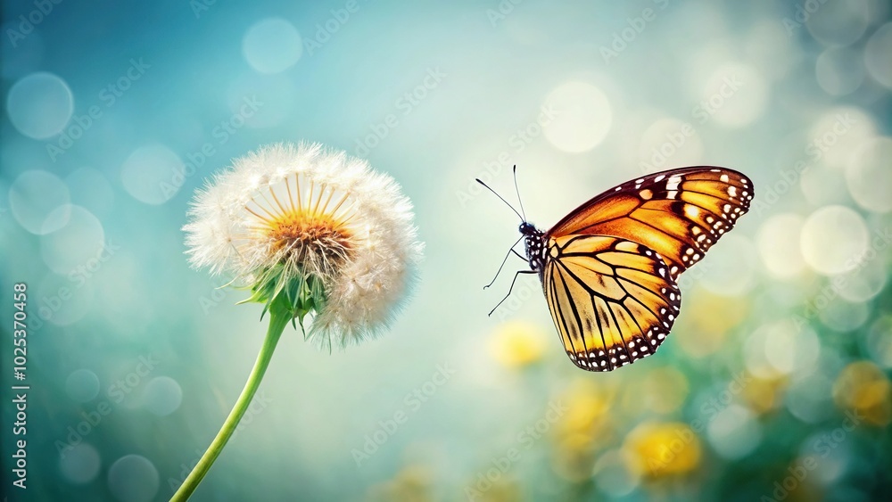 Butterfly on dandelion flower isolated on light background at tilted angle Butterfly on dandelion flower isolated on light background at tilted angle