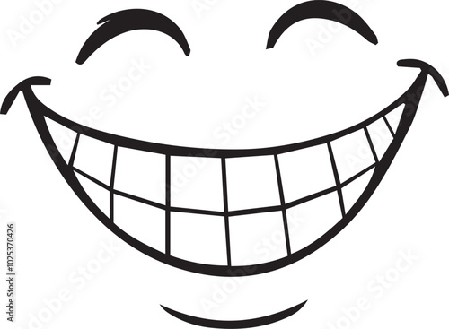 simple black and white cartoon image of a wide smiling mouth with a row of teeth suggesting amusement and joy.