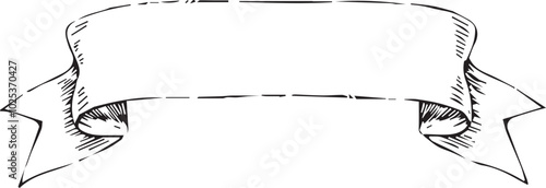 black and white sketch of a curved banner with a blank space in the middle drawn with a series of short parallel lines that give it a textured look perfect for adding text or graphics.