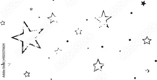 simple design featuring black five-pointed stars of varying sizes scattered across a white background.