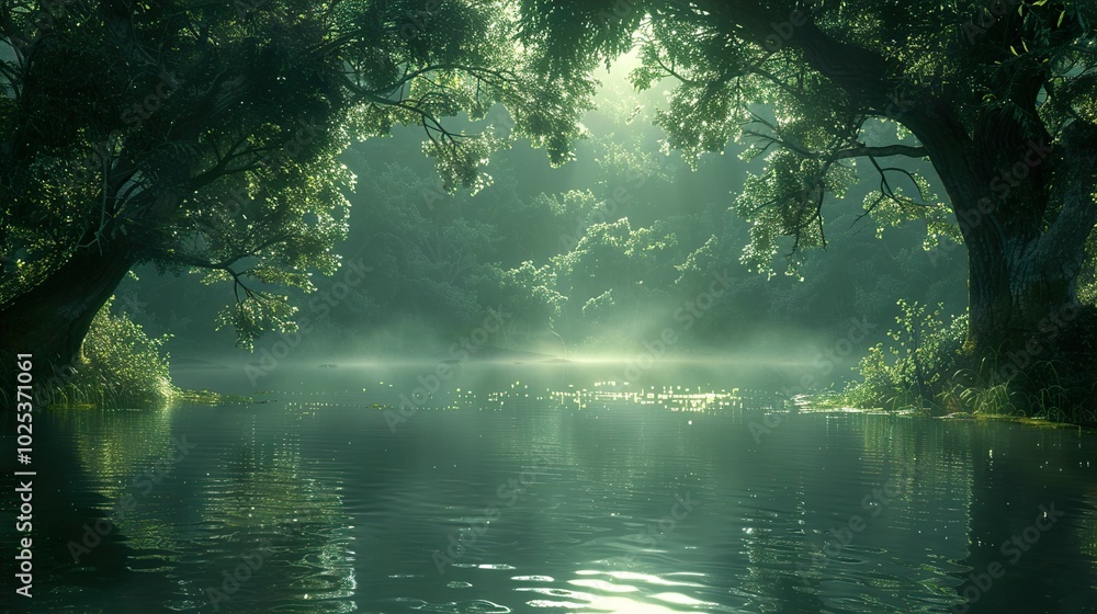 Serene River Landscape with Foggy Trees and Sunlight Serene River Landscape with Foggy Trees and Sunlight