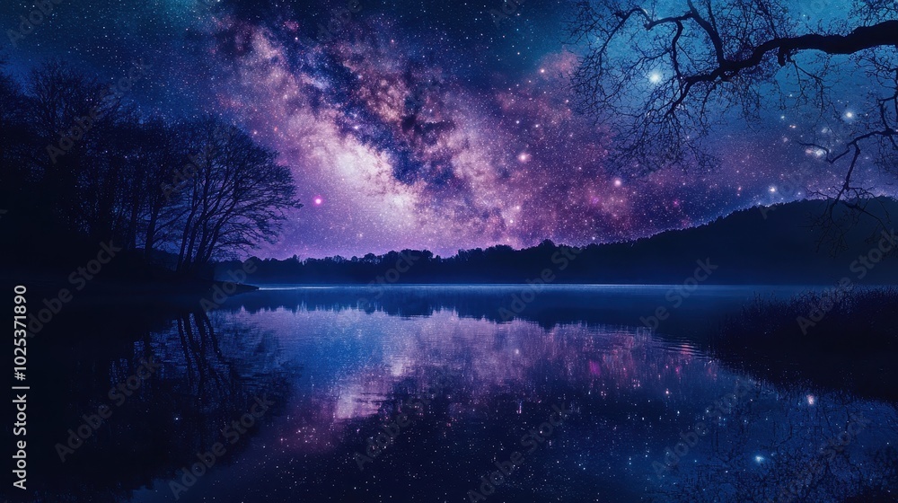 Fototapeta premium Milky Way Galaxy Reflected in a Tranquil Lake at Night