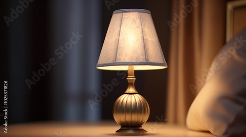 A bedside lamp with a white lampshade and a gold base casts a warm glow on a bedside table in a dark room.