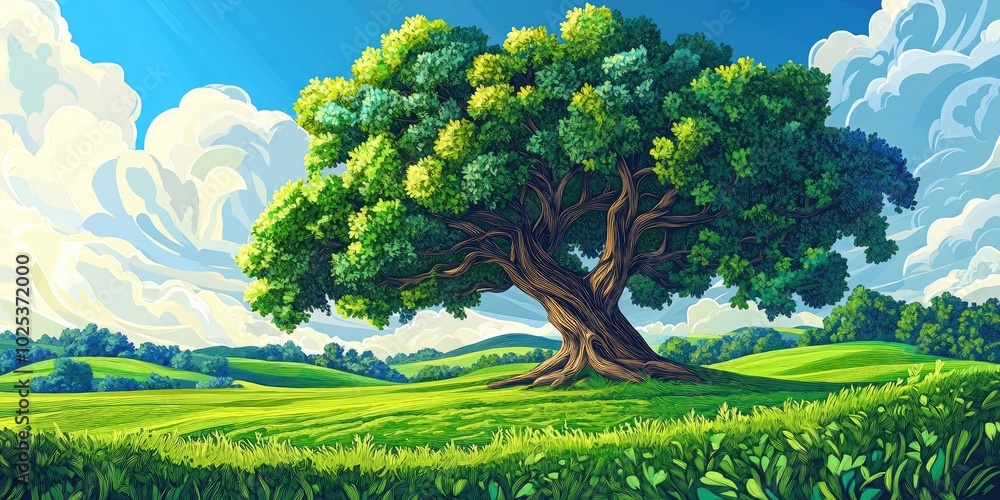 Ancient oak tree standing prominently in a vibrant green meadow, Majestic oak tree in a lush green field Ancient oak tree standing prominently in a vibrant green meadow, Majestic oak tree in a lush green field