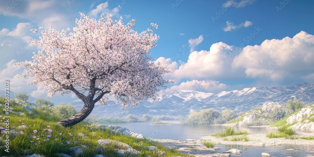 Almond blossoms on an almond tree in a scenic setting, Almond blossoms on a tree in a picturesque landscape Almond blossoms on an almond tree in a scenic setting, Almond blossoms on a tree in a picturesque landscape
