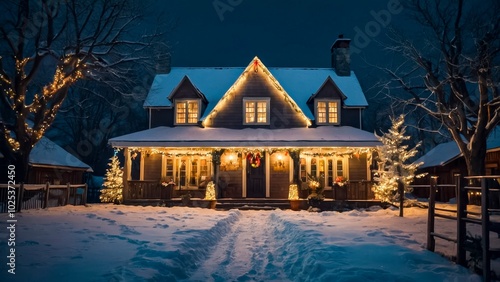 Cozy Winter Night at a Charming Decorated House Surrounded by Snow and Holiday Lights