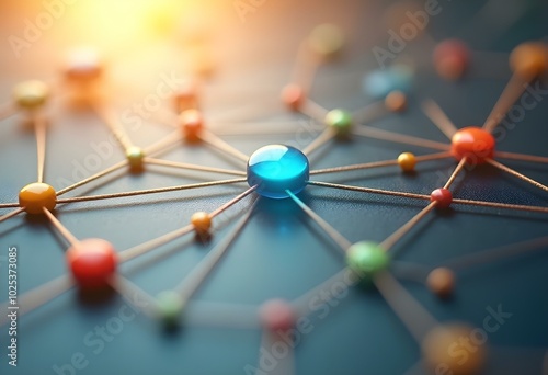 A detailed network icon featuring interconnected nodes and lines, with a central node in a vibrant blue color, and smaller nodes in green, red, and yellow create with ai