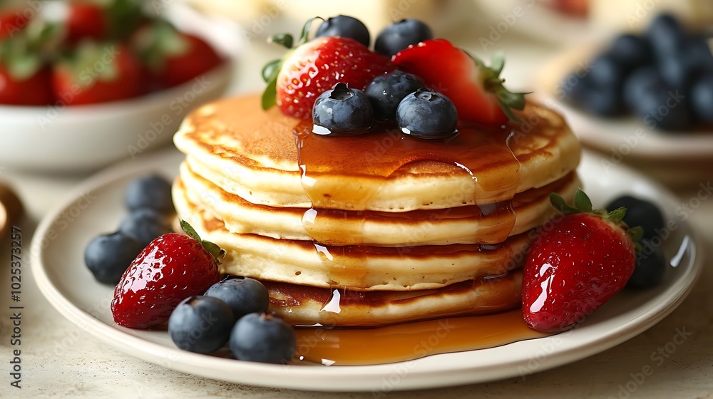 stack of pancakes with syrup and berries stack of pancakes with syrup and berries