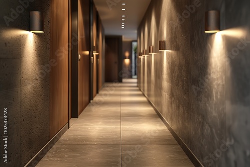 Long, narrow hallway with concrete walls, tiled floor, and recessed lighting.