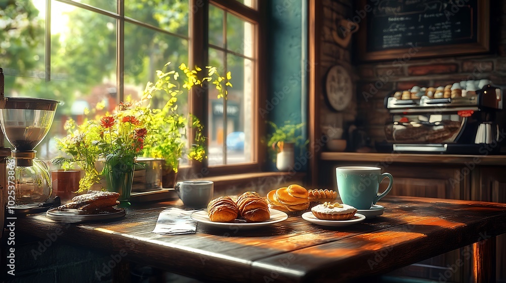 Fototapeta premium coffee and pastries displayed in cozy cafe