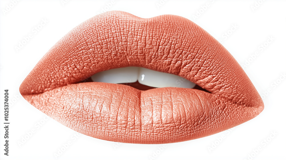 a single, elegant lips of coral orange lipstick on white background, with soft color gradients and subtle sheen to highlight the texture and glossiness of lip makeup a single, elegant lips of coral orange lipstick on white background, with soft color gradients and subtle sheen to highlight the texture and glossiness of lip makeup