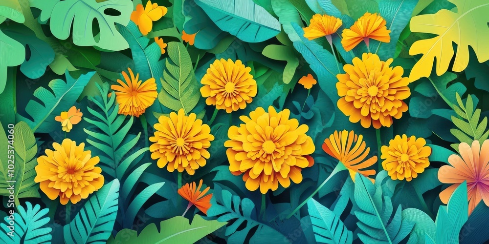 Vibrant yellow marigold garden, Marigold flowers in a colorful garden Vibrant yellow marigold garden, Marigold flowers in a colorful garden