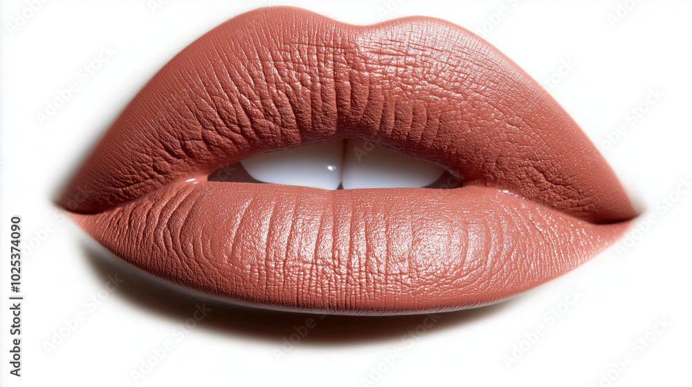 a single, elegant lips of dusty peach lipstick on white background, with soft color gradients and subtle sheen to highlight the texture and glossiness of lip makeup a single, elegant lips of dusty peach lipstick on white background, with soft color gradients and subtle sheen to highlight the texture and glossiness of lip makeup
