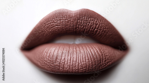 a single, elegant lips of earthy taupe lipstick on white background, with soft color gradients and subtle sheen to highlight the texture and glossiness of lip makeup