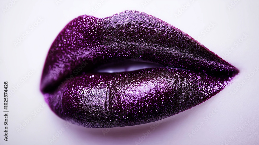 a single, elegant lips of glitter plum color lipstick on white background, with soft color gradients and subtle sheen to highlight the texture and glossiness of lip makeup a single, elegant lips of glitter plum color lipstick on white background, with soft color gradients and subtle sheen to highlight the texture and glossiness of lip makeup