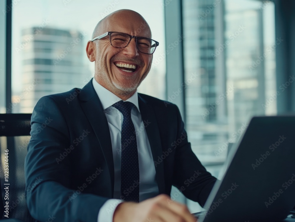 Businessman Smiling at Camera with Open Laptop Businessman Smiling at Camera with Open Laptop