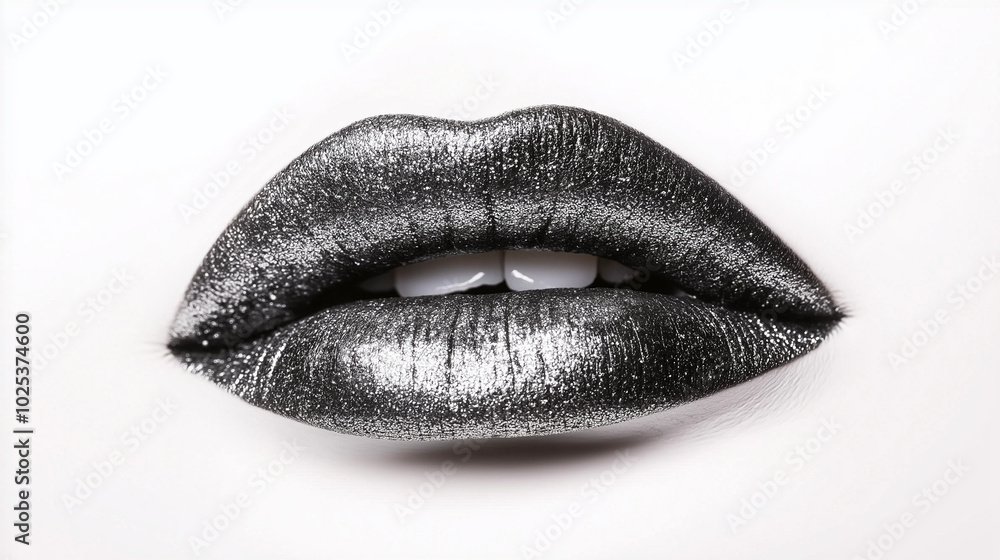 a single, elegant lips of glitter silver lipstick on white background, with soft color gradients and subtle sheen to highlight the texture and glossiness of lip makeup a single, elegant lips of glitter silver lipstick on white background, with soft color gradients and subtle sheen to highlight the texture and glossiness of lip makeup