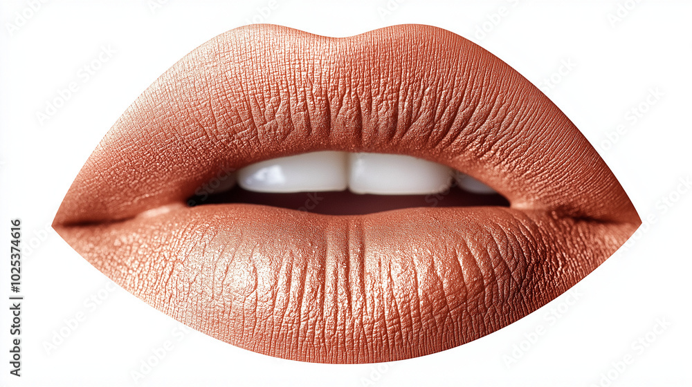 a single, elegant lips of golden peach lipstick on white background, with soft color gradients and subtle sheen to highlight the texture and glossiness of lip makeup a single, elegant lips of golden peach lipstick on white background, with soft color gradients and subtle sheen to highlight the texture and glossiness of lip makeup