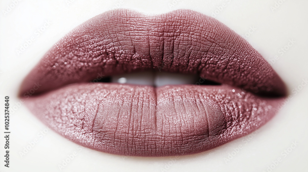 Fototapeta premium a single, elegant lips of shimmering taupe lipstick on white background, with soft color gradients and subtle sheen to highlight the texture and glossiness of lip makeup