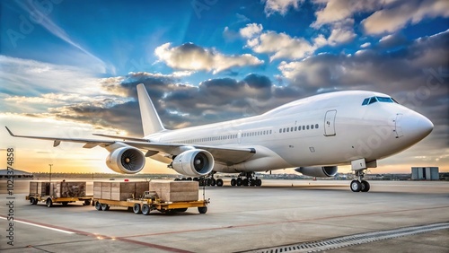 Cargo plane loading on tarmac at airport with copy space