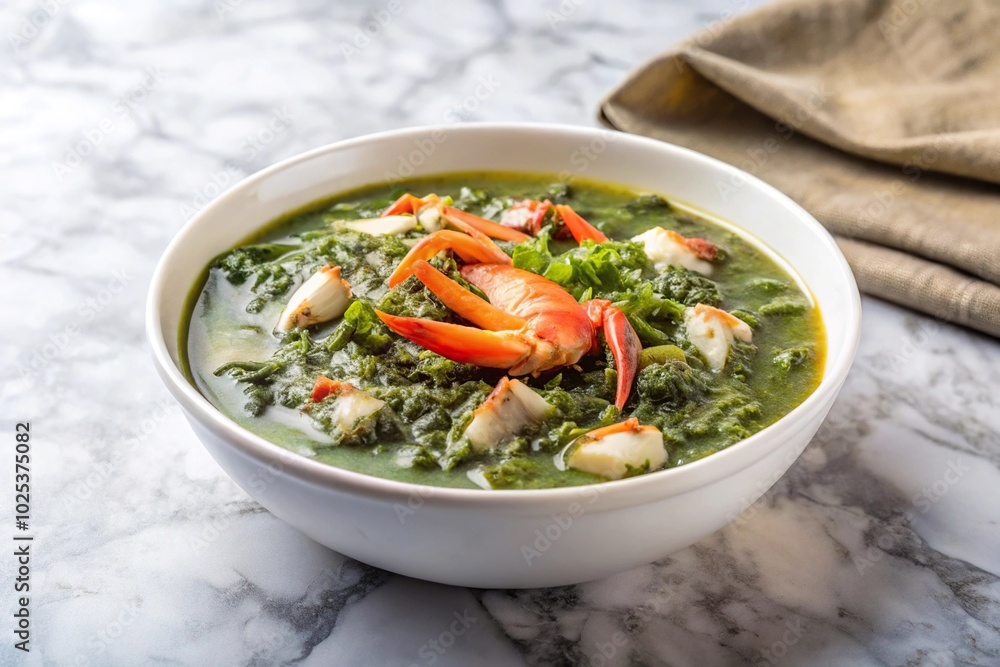 Caribbean cuisine with crab meat and callaloo soup on marble counter Caribbean cuisine with crab meat and callaloo soup on marble counter