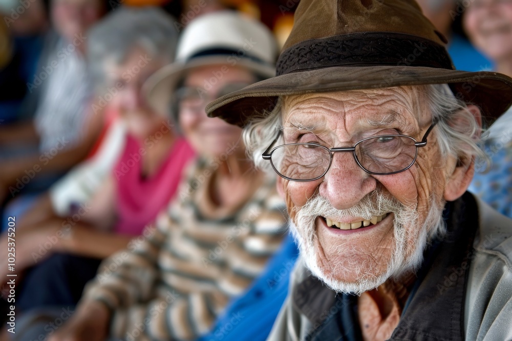 Old man in a hat and glasses sitting in a crowd of people Old man in a hat and glasses sitting in a crowd of people