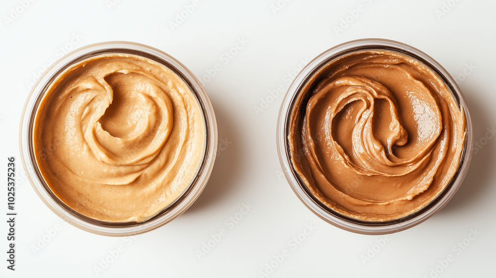 almond butter or cashew butter: a close-up, top-down view of almond butter and cashew butter spread smoothly in round shapes, placed side by side with a small gap on a white background almond butter or cashew butter: a close-up, top-down view of almond butter and cashew butter spread smoothly in round shapes, placed side by side with a small gap on a white background