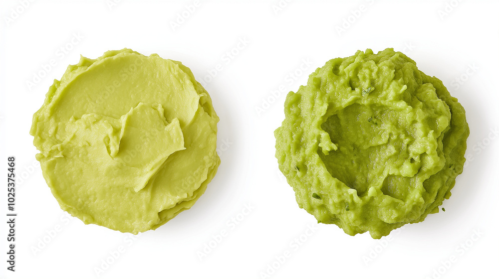 avocado or guacamole: a close-up, top-down view of avocado slices and guacamole spread smoothly in round shapes, placed side by side with a small gap on a white background avocado or guacamole: a close-up, top-down view of avocado slices and guacamole spread smoothly in round shapes, placed side by side with a small gap on a white background