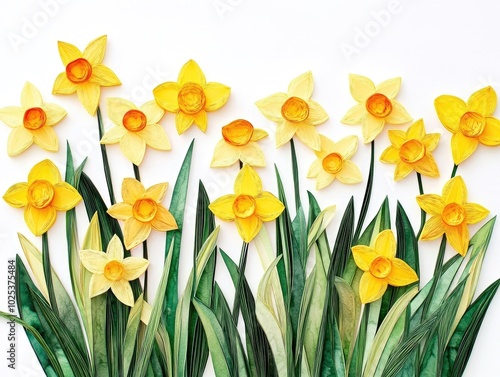 Vibrant yellow Easter bell daffodils (Narcissus) in a spring flower field set against a white background, with clipping path included