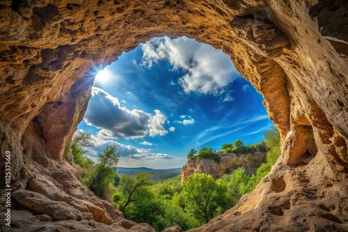 Cave with natural window hole and sky cavity silhouette