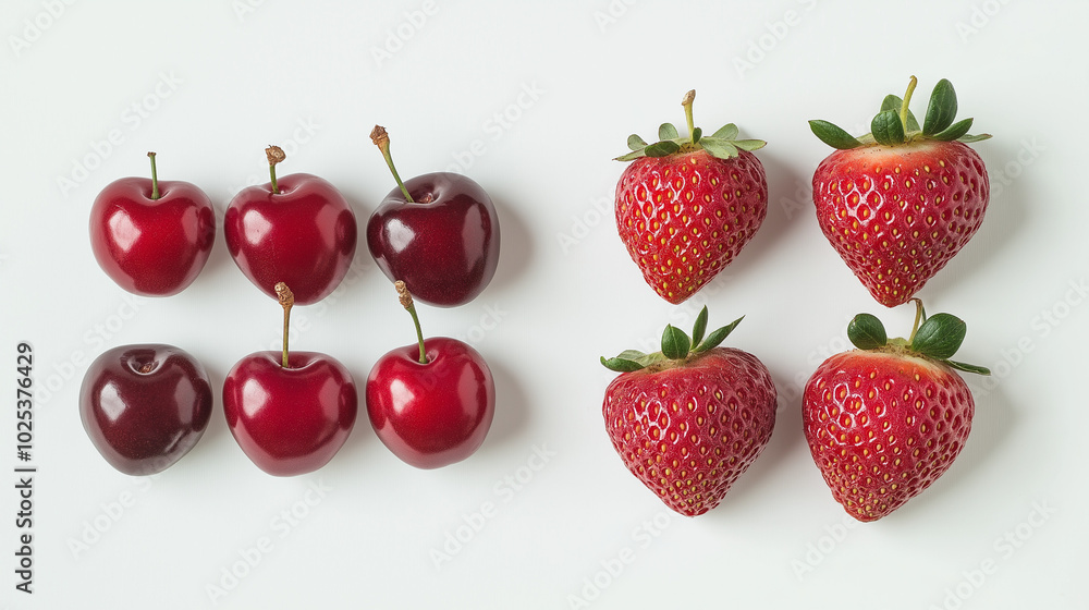 cherries or strawberries: a close-up, top-down view of cherries and strawberries, placed side by side with a small gap on a white background