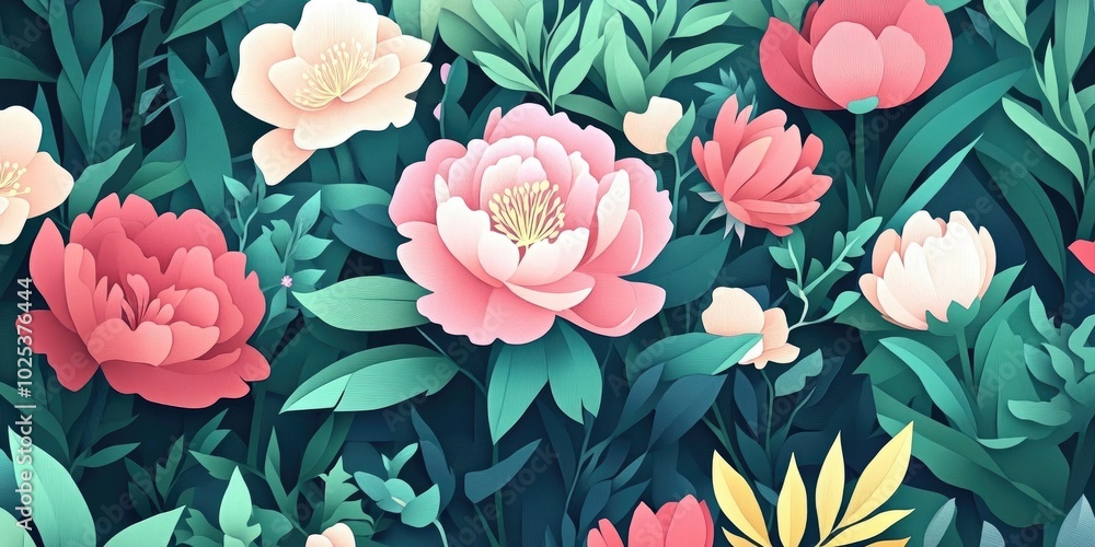 Blooming peonies in a serene garden setting, Blooming peonies in a tranquil garden scene Blooming peonies in a serene garden setting, Blooming peonies in a tranquil garden scene
